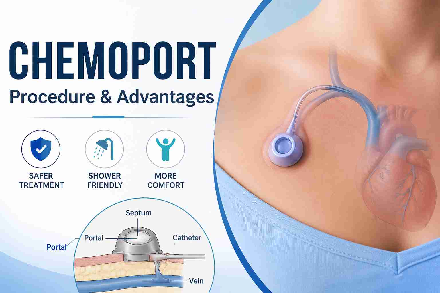 Chemoport Procedure and Advantages ChemoPort procedure blog thumbnail showing an implanted chemoport device under the chest skin with catheter placement towards the heart, alongside medical icons highlighting treatment safety, comfort, and advantages of a chemoport.