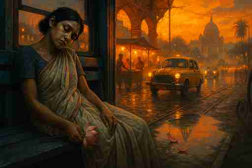 A woman in a sari, sitting on a street bench looking tired amidst a Kolkata sunset, symbolizing the emotional and physical toll of fatigue.