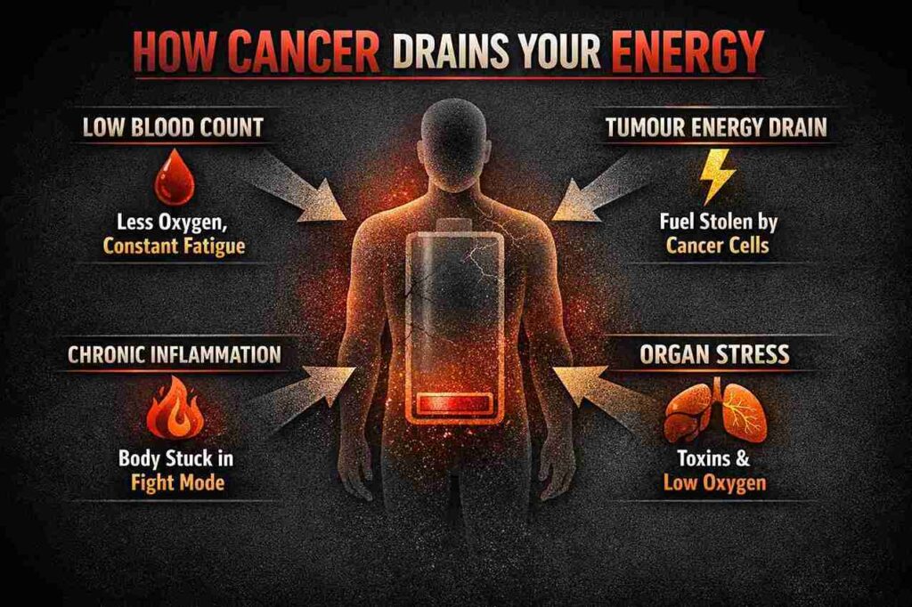 Infographic illustrating how cancer drains energy, showing how low blood count, tumour energy drain, chronic inflammation, and organ stress contribute to fatigue.