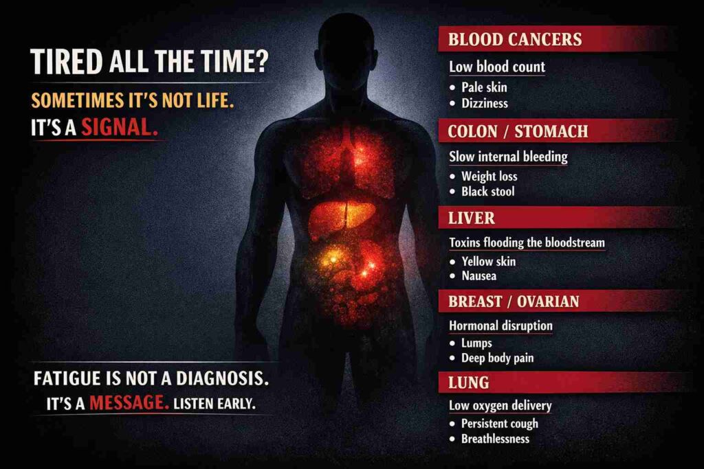 Infographic highlighting signs of chronic fatigue being a signal for serious health issues such as blood cancers, colon problems, liver, and lung conditions.