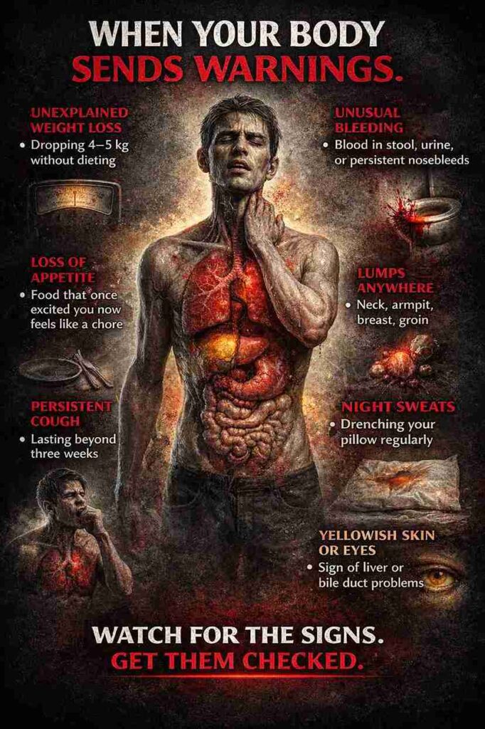 Infographic showing body warning signs like unexplained weight loss, lumps, persistent cough, and yellowish skin, urging people to get checked for serious health issues.