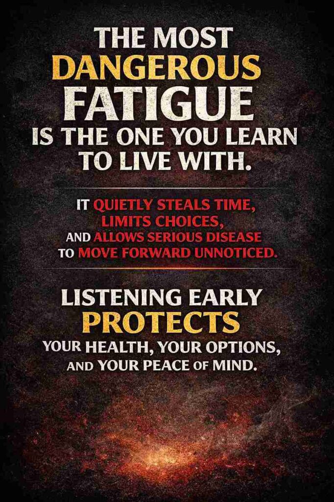 A poster warning about the dangers of chronic fatigue, emphasizing that living with it can silently cause severe health issues.