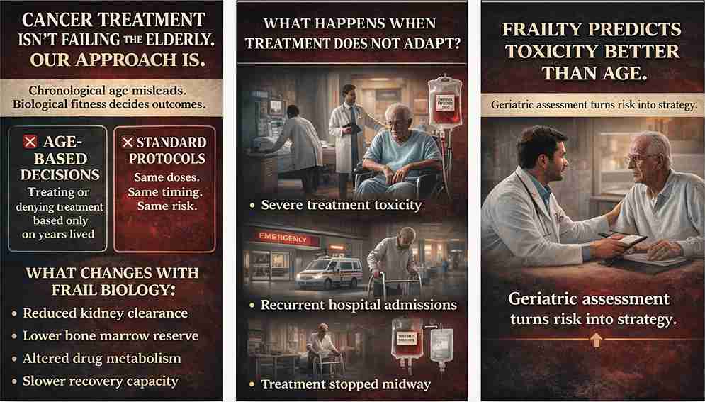 Visual guide showing why cancer treatment in elderly patients should be based on frailty assessment instead of age including toxicity risk and treatment outcomes