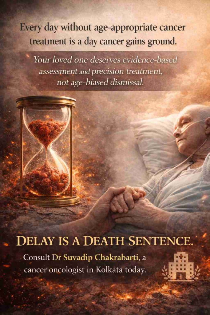 Delay in cancer treatment showing elderly patient with hourglass symbolising disease progression and urgency of consulting a cancer oncologist in Kolkata
