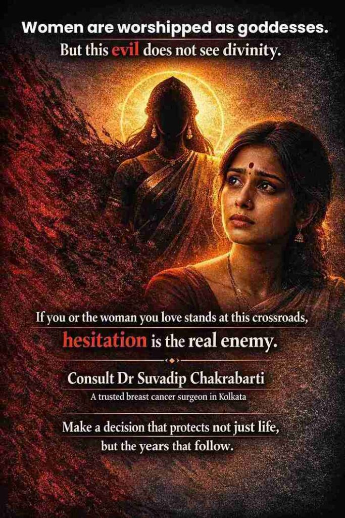 A woman standing at a crossroads with a shadowed image in the background, symbolizing the decision to fight breast cancer. The text emphasizes the importance of timely consultation with Dr. Suvadip Chakrabarti, a trusted breast cancer surgeon in Kolkata.