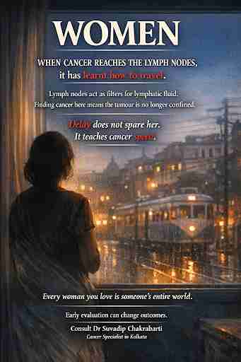 A somber image of a woman gazing out of a window, symbolizing the speed of cancer spread once it reaches the lymph nodes. The text encourages early evaluation by Dr. Suvadip Chakrabarti to change outcomes.