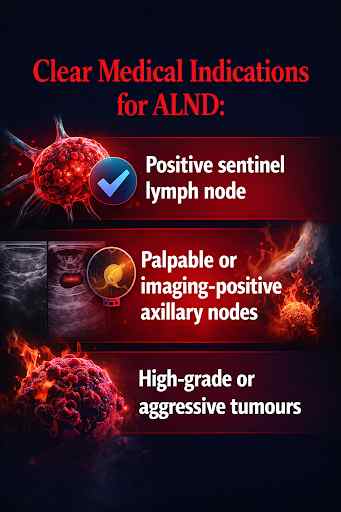 A graphic listing the medical indications for Axillary Lymph Node Dissection (ALND), including positive sentinel lymph node, palpable or imaging-positive axillary nodes, and high-grade or aggressive tumors.