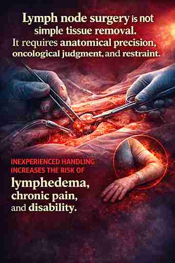 A detailed image showing lymph node surgery with hands in action, emphasizing the importance of anatomical precision and the risks of inexperienced handling, including lymph edema and chronic pain.