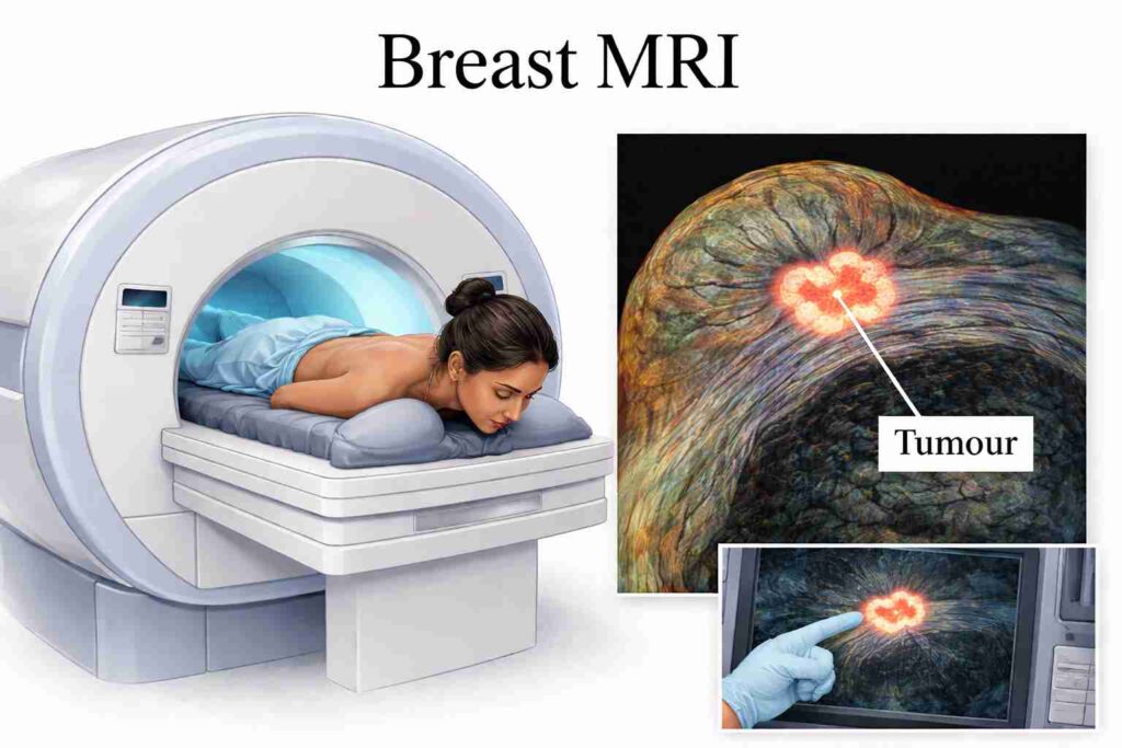 Breast MRI scan showing tumour detection, essential for breast cancer diagnosis