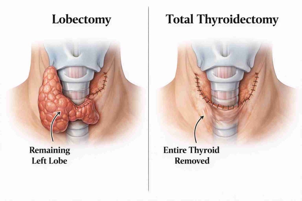 Comparison between lobectomy and total thyroidectomy showing partial and complete thyroid removal
