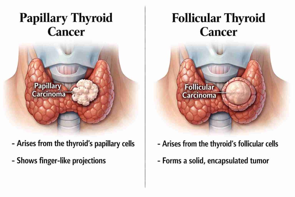 Illustration comparing papillary and follicular thyroid cancer types with tumor characteristics