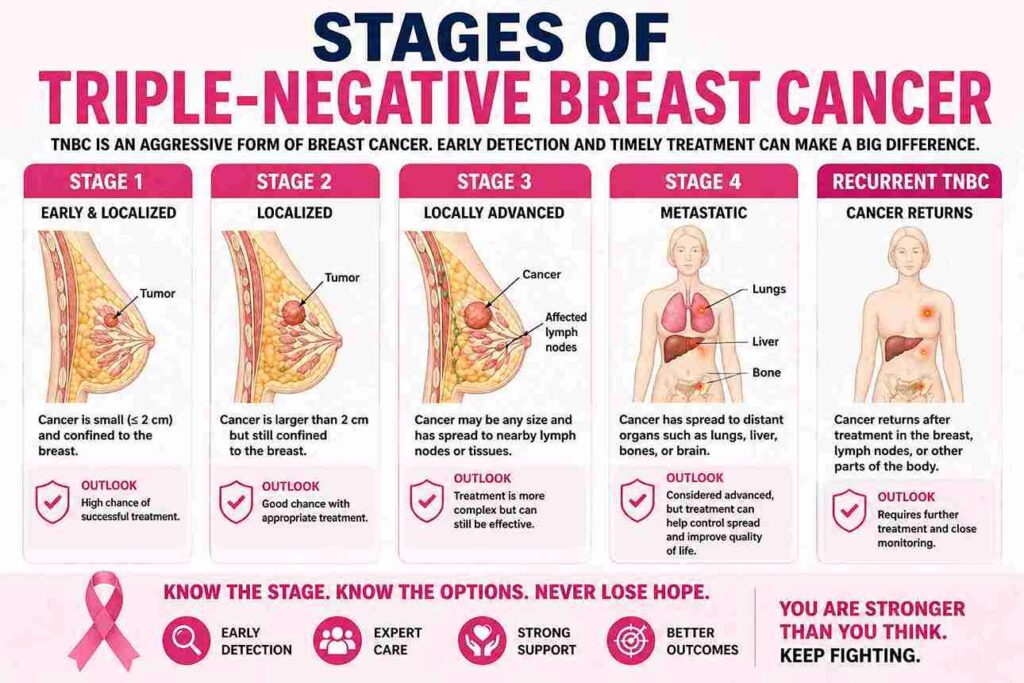 Illustration showing the stages of triple-negative breast cancer from early localized tumor to metastatic and recurrent TNBC with affected lymph nodes highlighted