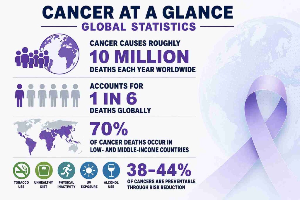Cancer statistics infographic showing global cancer deaths, worldwide impact, preventable cancer risk factors, and the importance of reducing cancer risk.
