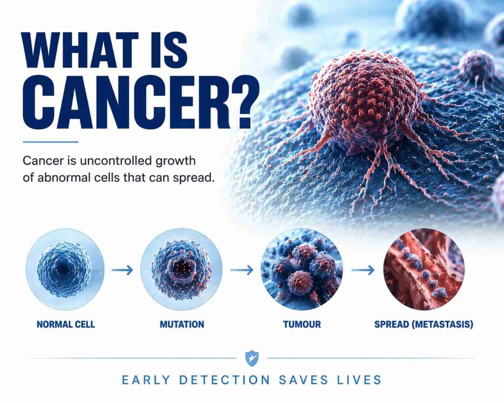 Educational graphic showing what cancer is, with abnormal cell growth progressing from a normal cell to mutation, tumor formation, and metastasis.