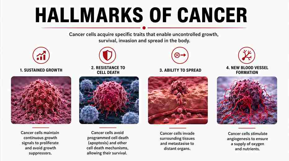 Graphic explaining key hallmarks of cancer, including sustained growth, resistance to cell death, ability to spread, and new blood vessel formation.