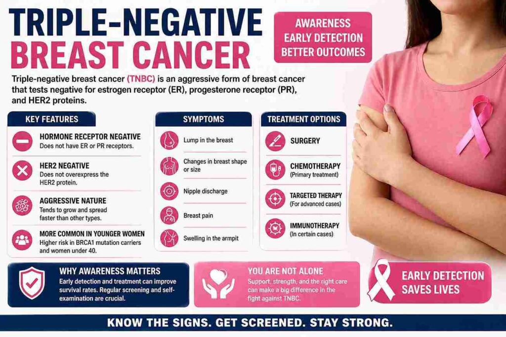 Infographic on triple-negative breast cancer symptoms, key features, and treatment options including surgery, chemotherapy, targeted therapy, and immunotherapy for awareness and early detection