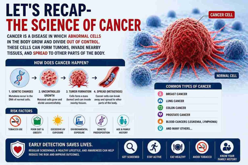 Infographic explaining the science of cancer, including abnormal cell growth, tumor formation, metastasis, common cancer types, risk factors, and early detection tips.