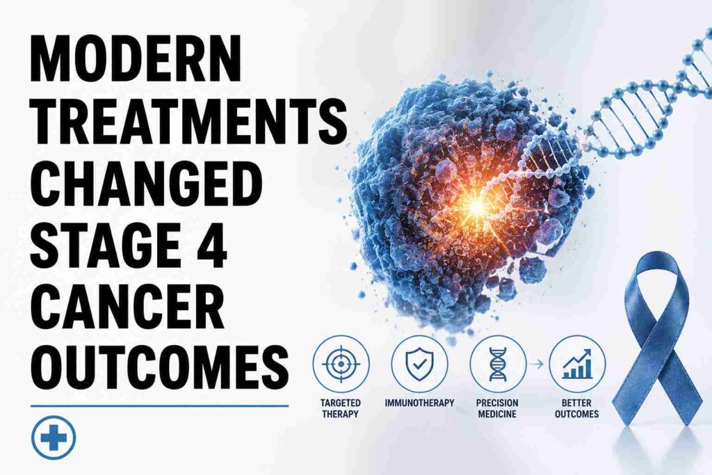 Modern stage 4 cancer treatments like targeted therapy, immunotherapy, precision medicine, and advanced oncology care improving cancer outcomes.