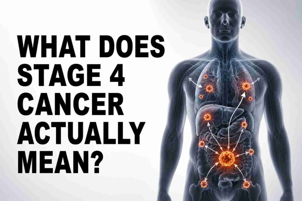 Medical illustration showing stage 4 cancer spread to distant organs, explaining metastatic cancer and why advanced oncology evaluation is important.