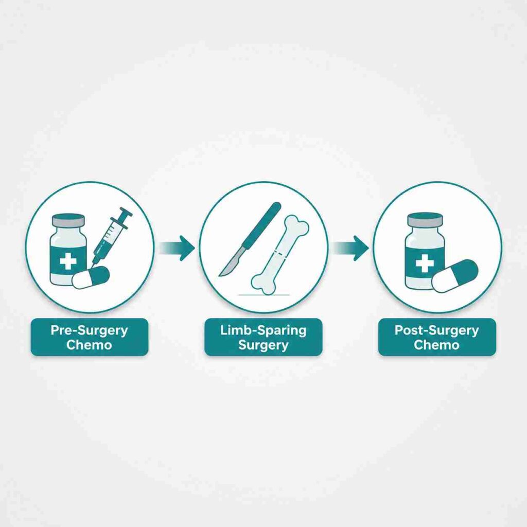 Osteosarcoma treatment pathway showing pre-surgery chemotherapy, limb-sparing surgery and post-surgery chemotherapy.