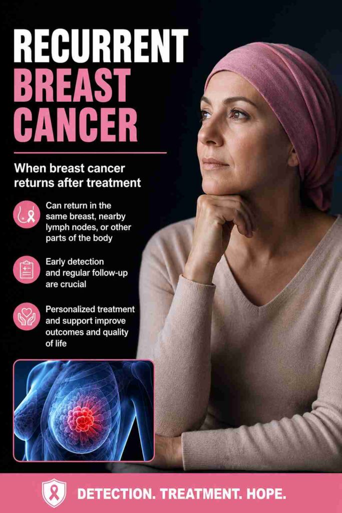 Recurrent breast cancer after treatment explained with early detection and follow-up care by a breast cancer doctor.