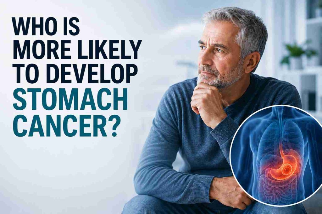 Older man considering stomach cancer risk factors with an illustrated gastric tumour highlighted inside the abdomen