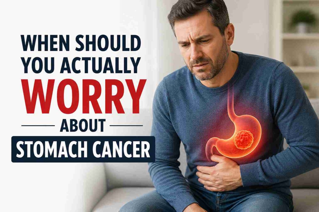 Man holding his abdomen with a medical illustration showing a possible stomach tumour and gastric cancer warning signs