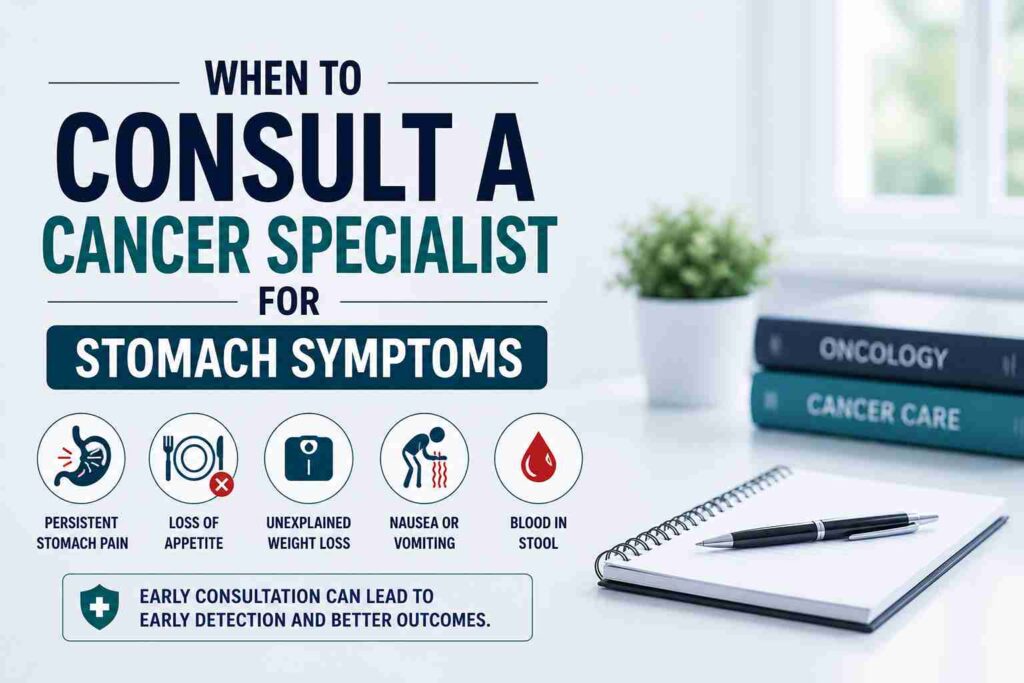 Infographic showing persistent stomach pain, appetite loss, weight loss, vomiting and blood in stool as reasons to consult a cancer specialist