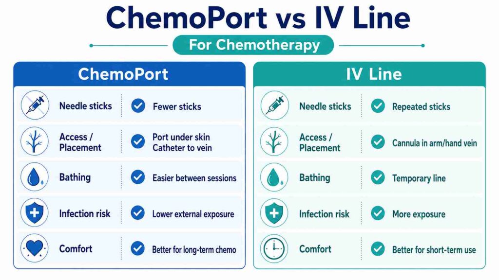 ChemoPort vs IV Line comparison infographic highlighting differences in needle sticks, placement, bathing, infection risk, and comfort during chemotherapy.