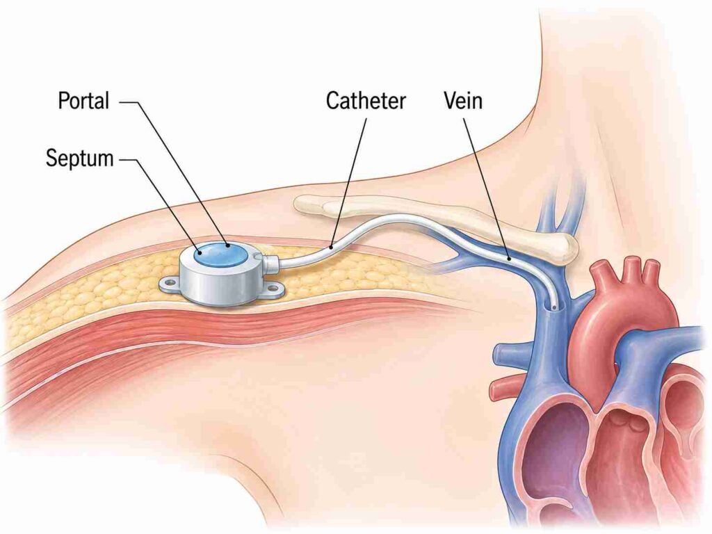 ChemoPort placement illustration showing a port-a-cath implanted under the chest skin with the portal, septum, catheter, and vein pathway leading towards the heart.