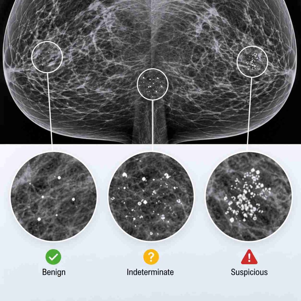 Comparison of benign, indeterminate and suspicious breast calcifications seen on a mammogram during breast cancer screening evaluation