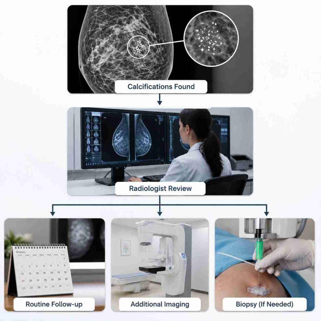 Breast calcifications detected on mammogram followed by radiologist review, additional imaging and biopsy evaluation if required