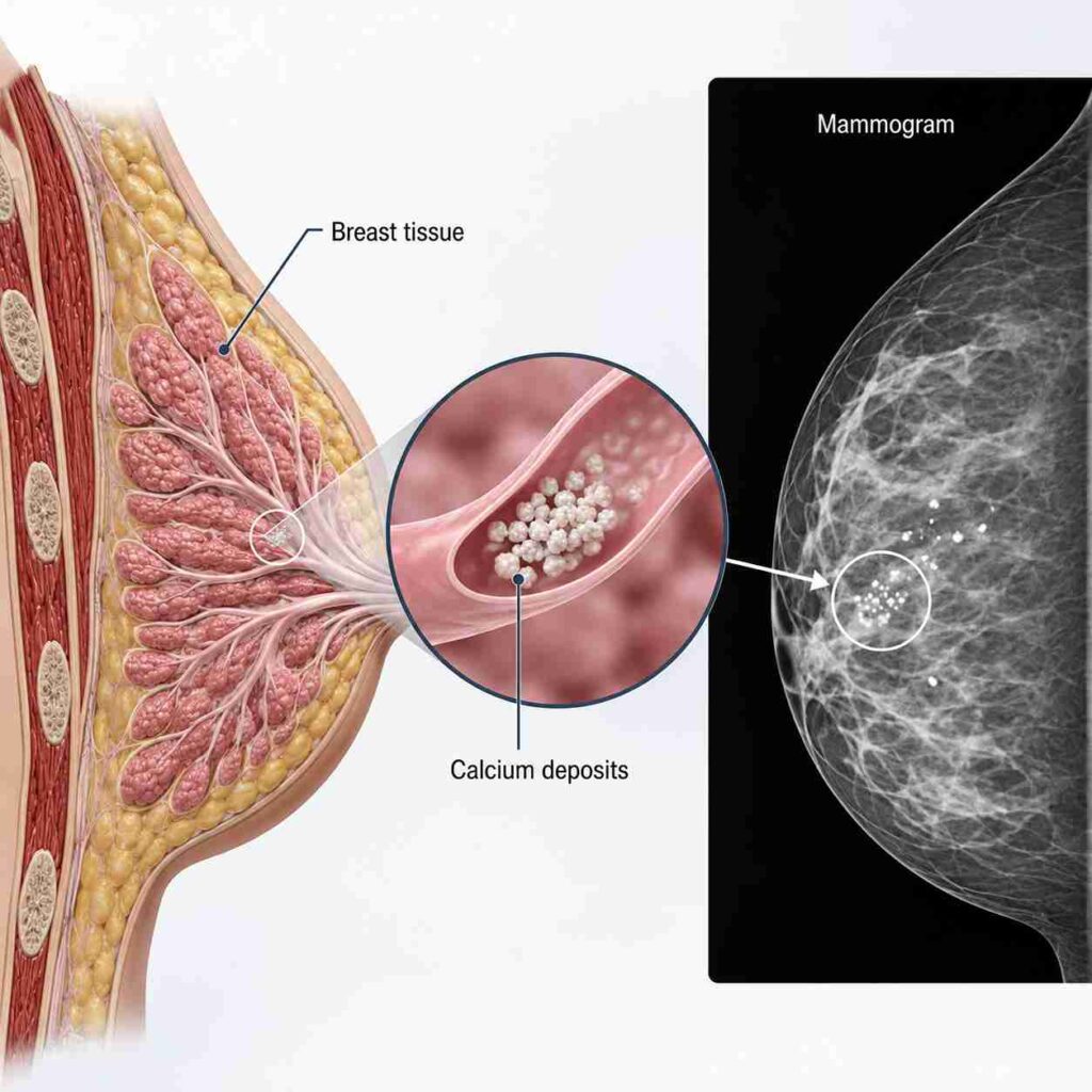 Illustration showing calcium deposits in breast tissue and their appearance as calcifications on a mammogram