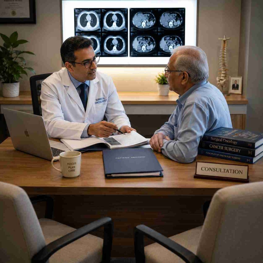 Cancer surgeon discussing treatment options and surgery planning with an elderly patient during an oncology consultation
