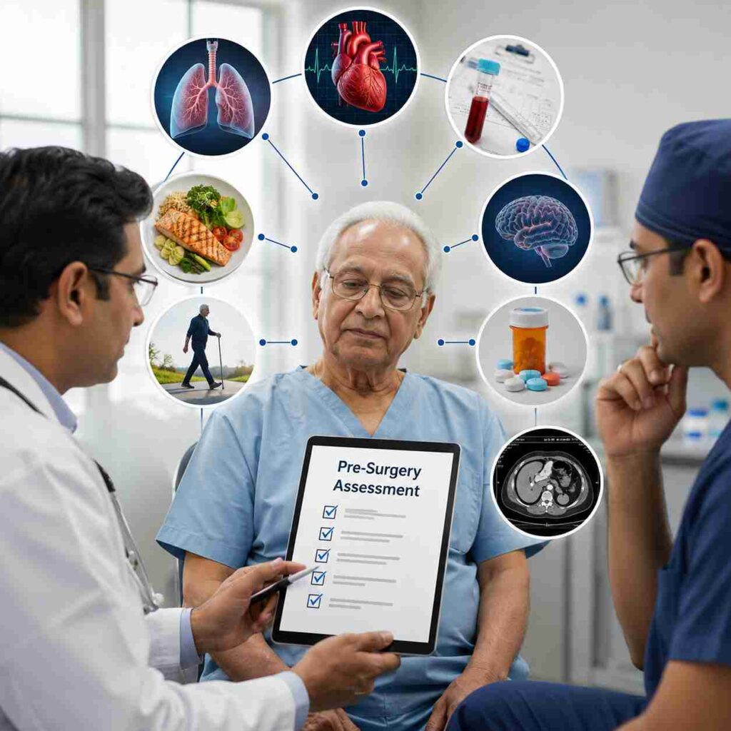 Elderly patient undergoing pre-surgery assessment with doctors before major cancer surgery to evaluate health, organ function, and surgical fitness