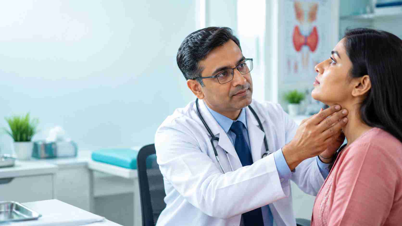Doctor examining a patient's neck for thyroid symptoms during a medical consultation.