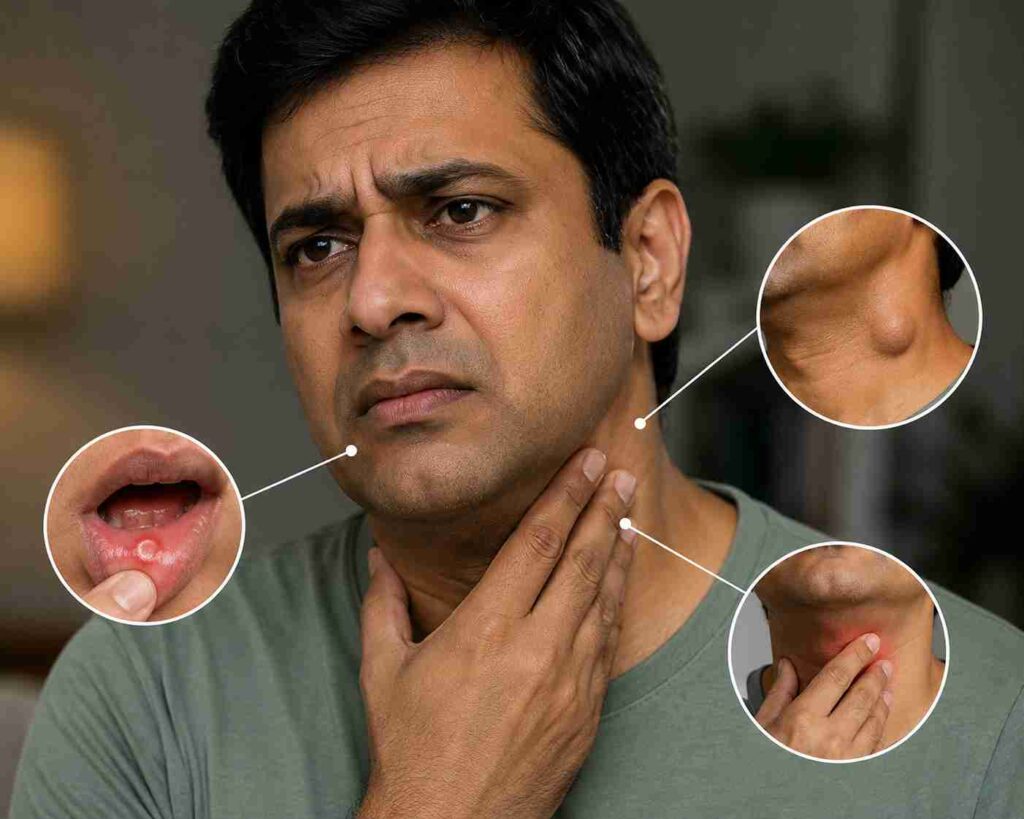 A person experiencing possible head and neck cancer warning signs with close-up views highlighting a mouth sore, neck lump, and throat discomfort symptoms