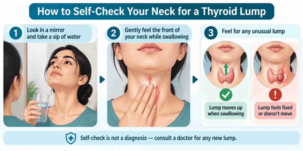 Neck self-check guide showing steps to identify a thyroid lump while swallowing.