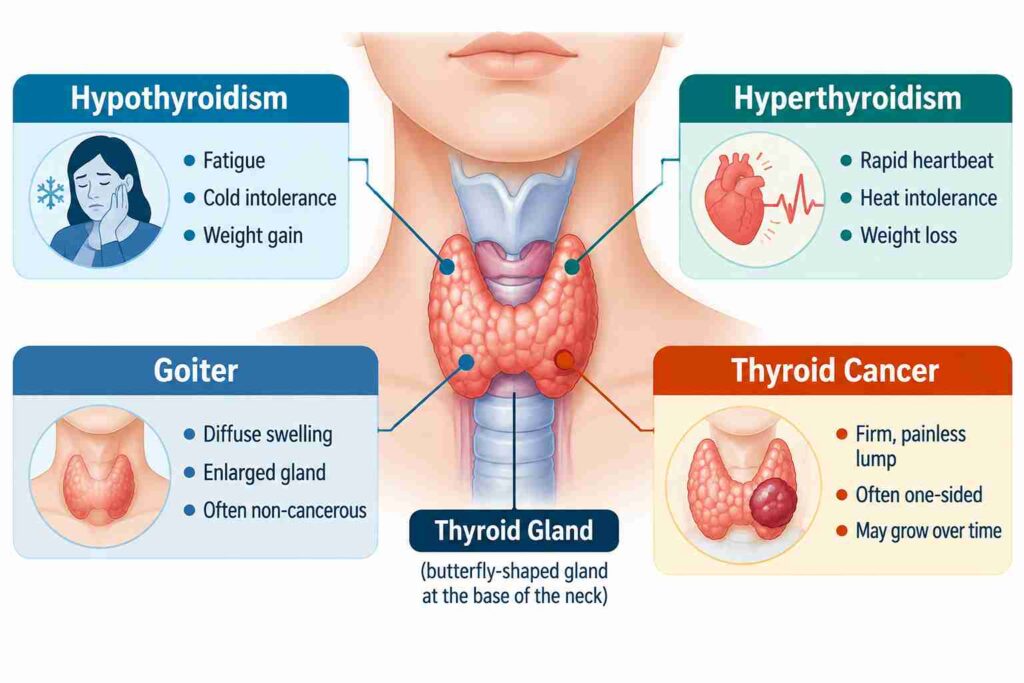 Thyroid cancer vs common thyroid disorders comparison showing thyroid gland symptoms and differences.