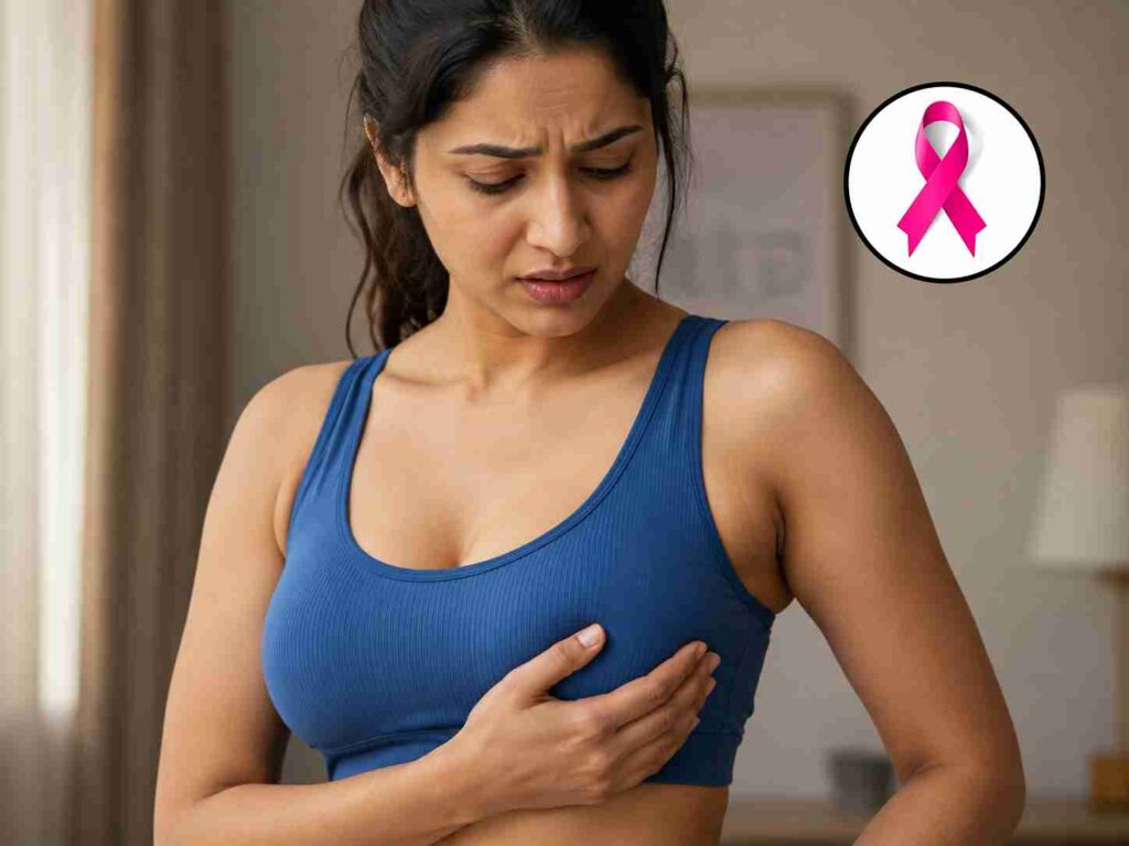 Woman checking her breast for any unusual changes, highlighting the importance of breast awareness and early detection of possible breast cancer symptoms.