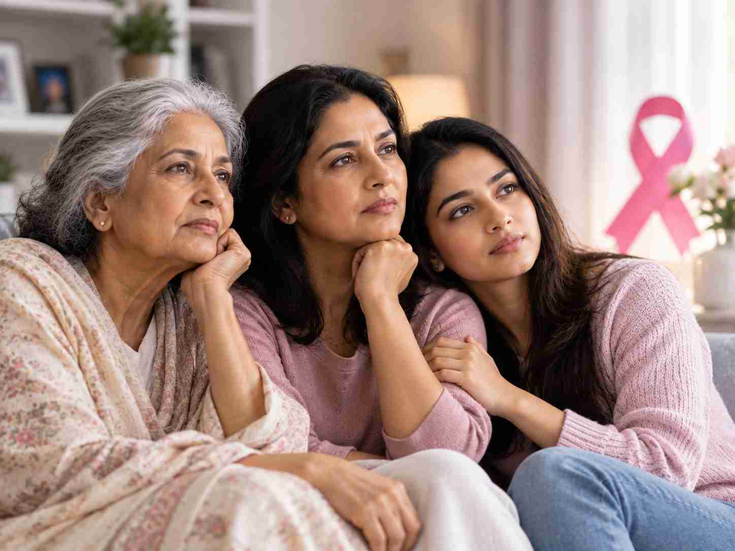Three generations of Indian women sitting together with thoughtful expressions and a pink breast cancer awareness ribbon in the background, symbolising family history and inherited breast cancer risk.