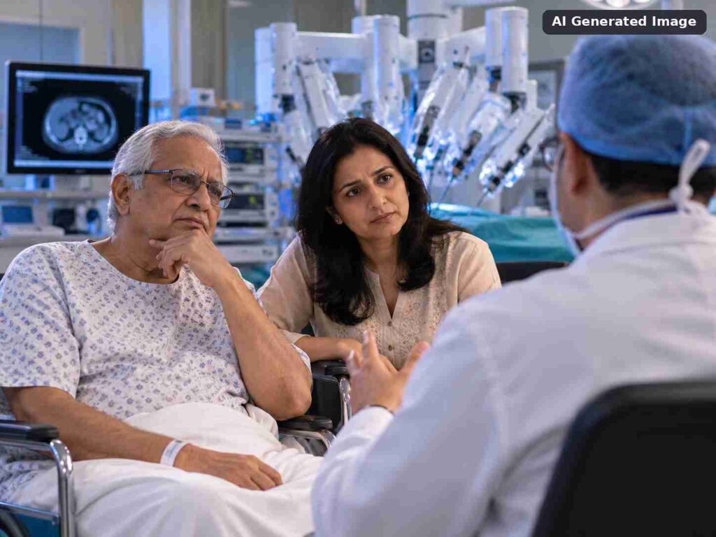 Elderly male patient accompanied by a family member discussing robotic cancer surgery with a surgeon, with robotic surgical equipment visible in the background.