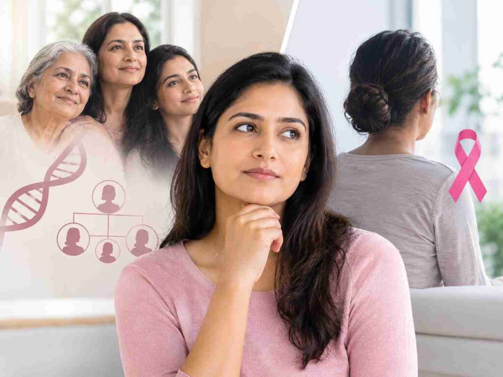 Three generations of Indian women representing family history of breast cancer, with DNA and family tree illustrations highlighting hereditary cancer risk and genetic factors.