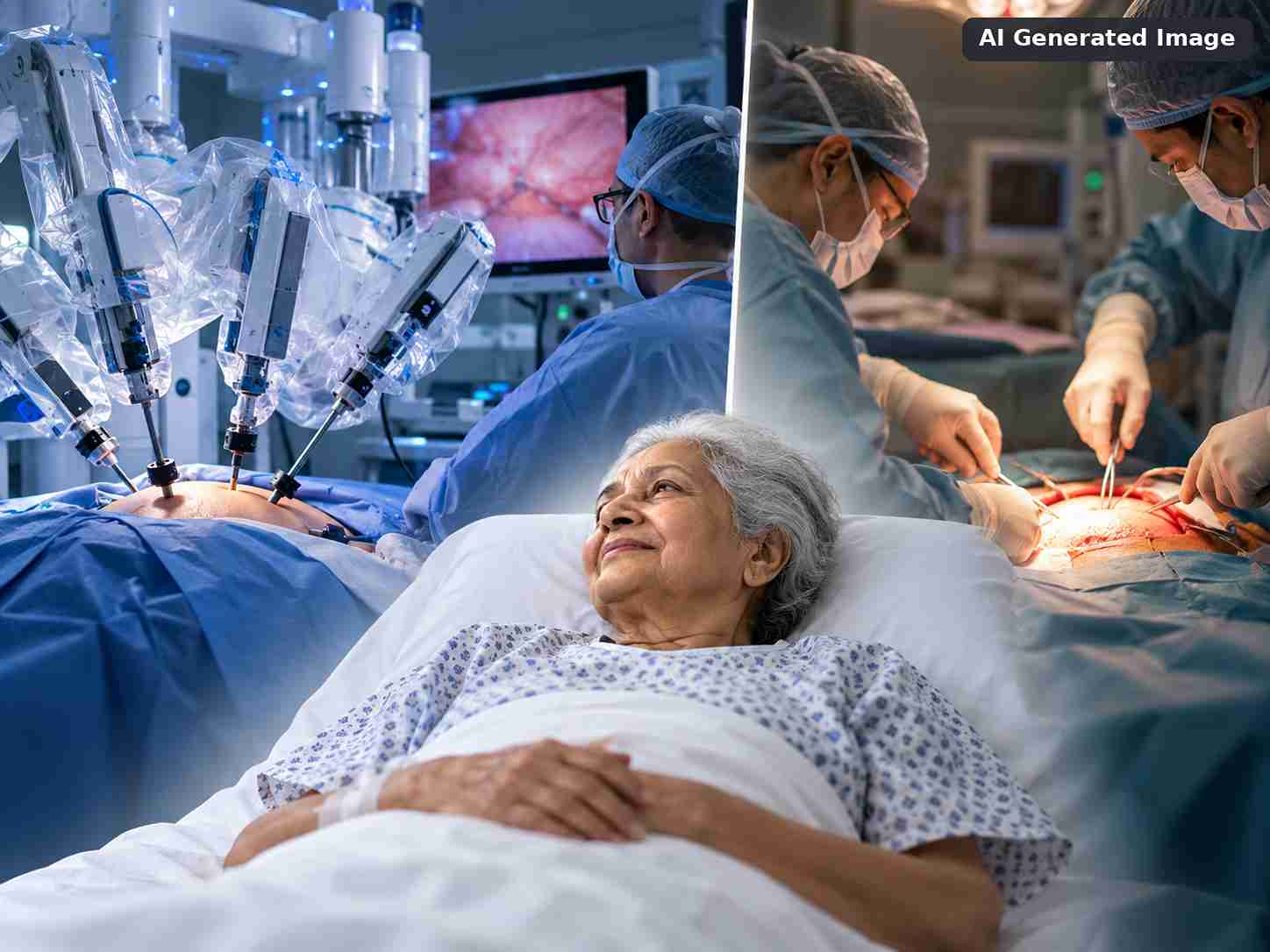 Medical illustration comparing robotic-assisted and traditional open surgery, showing robotic surgical arms, surgeons performing an open procedure and an elderly cancer patient resting in a hospital bed.